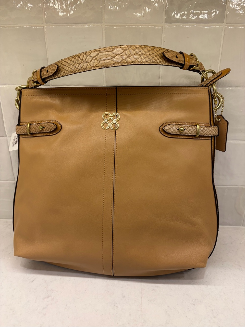 NWT Coach Colette Camel Leather Shoulder Hobo with Snake-Texture Strap